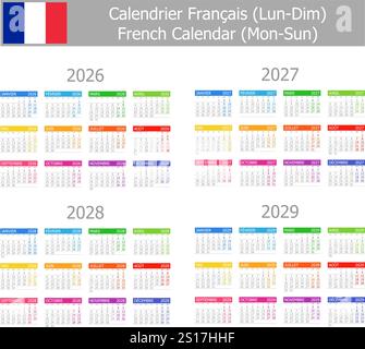 Calendario misto francese 2026 Lun-Dom su sfondo bianco Illustrazione Vettoriale