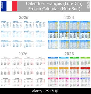 Calendario misto francese 2026 Lun-Dom su sfondo bianco Illustrazione Vettoriale