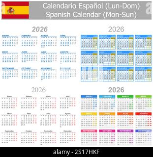Calendario misto spagnolo 2026 Lun-Dom su sfondo bianco Illustrazione Vettoriale