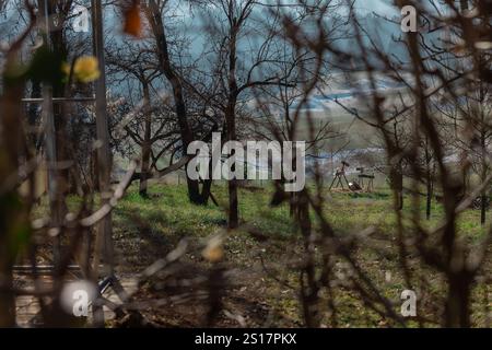 Due modelli di renne fatti di bastoni, rametti e tronchi in campagna all'inizio dell'inverno. Bella decorazione o scena rurale. Foto Stock