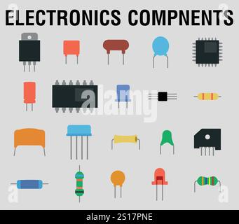Set di icone dei componenti elettronici. Raccolta dei componenti elettrici con sfondo isolato. Illustrazione Vettoriale