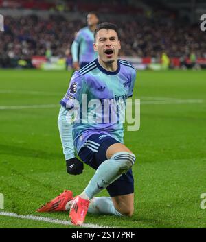 Londra, Regno Unito. 1 gennaio 2025. Brentford V Arsenal - Premier League - Gtech Stadium. Gabriel Martinelli celebra il 3° gol dell'Arsenal. Crediti immagine: Mark Pain / Alamy Live News Foto Stock