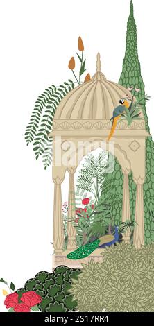 Tradizionale giardino indiano ad arco moghul, pavone, illustrazione vettoriale di piante di pappagallo con sfondo isolato Illustrazione Vettoriale