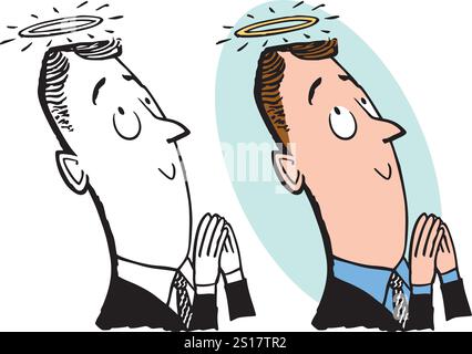 Un cartone vintage retrò di un uomo d'affari con un'aureola che prega. Illustrazione Vettoriale