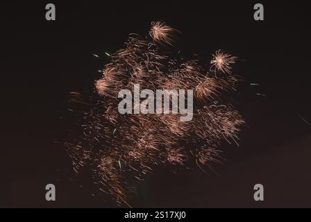I fuochi d'artificio illuminano il cielo notturno con scintille di colore arancione, bassa Sassonia, Germania, Europa Foto Stock