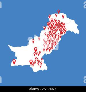 Mappa Pakistan, illustrazione mappa Pakistan 3D con pin mappa su sfondo isolato. Illustrazione Vettoriale