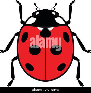 Carino ladybug o ladybird semplice design piatto rosso e nero. Illustrazione vettoriale isolata su sfondo bianco. Illustrazione Vettoriale