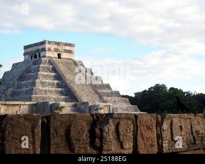 El Castillo, noto anche come il Tempio di Kukulcan, visto dietro lo Tzompantli (un muro decorato con teschi) con un grackle dalla grande coda (quiscalus qu Foto Stock