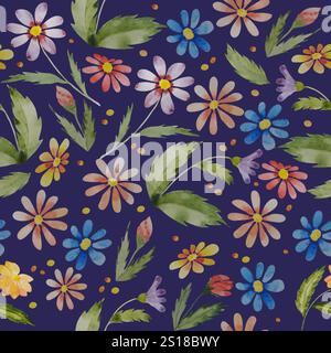 Un elegante motivo senza cuciture caratterizzato da fiori selvatici watercoloгr dipinti a mano e foglie verdi su sfondo blu navy scuro. Perfetto per il design in tessuto Foto Stock
