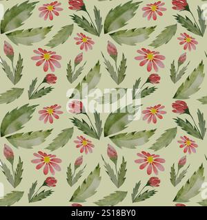 Un delicato motivo senza cuciture caratterizzato da fiori rossi di acquerello dipinti a mano e foglie verdi lussureggianti su sfondo verde. Questo elegante design botanico Foto Stock
