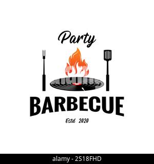 Disco in vinile con concerto di musica dal vivo Fire Flame per Grill e Barbecue Store, Bar Cafe Restaurant, poster vintage Logo Design Illustrazione Vettoriale