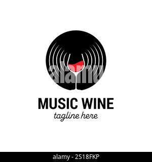 modello di design del logo del bicchiere da vino e del disco in vinile Illustrazione Vettoriale