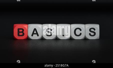 Firma con le NOZIONI DI BASE del testo. Il contenuto della scritta ha implicazioni per e marketing. Business concept.rendering 3D su sfondo nero. Foto Stock