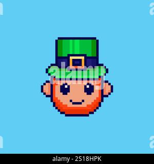 Pixel art Leprechaun Head St Patrick Day, progettazione delle risorse di gioco Illustrazione Vettoriale