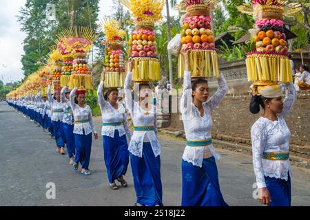 Una precessione apparentemente infinita di donne in costumi tradizionali che portano offerte di frutta, fiori e dolci sulla loro testa, si allineano per entrare in un te Foto Stock