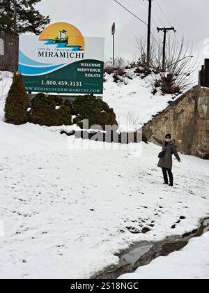 Benvenuto al cartello Miramichi a Miramichi, New Brunswick, Canada Foto Stock