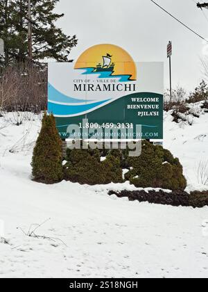 Benvenuto al cartello Miramichi a Miramichi, New Brunswick, Canada Foto Stock