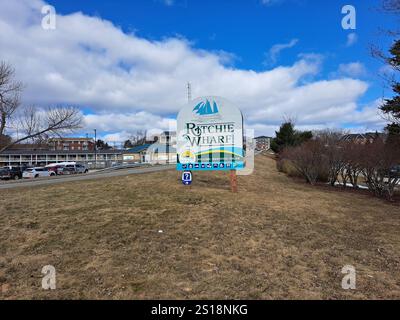Benvenuto all'insegna del Ritchie Wharf Park a Miramichi, New Brunswick, Canada Foto Stock