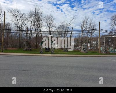 Benvenuto al cartello del Cairn Park nel centro di Antigonish, nuova Scozia, Canada Foto Stock