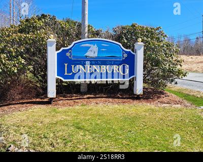 Benvenuto all'insegna della città di Lunenburg in nuova Scozia, Canada Foto Stock
