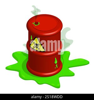 Cilindro isometrico in metallo rosso con cartello di pericolo chimico. Stoccaggio e smaltimento di sostanze pericolose. Vettore 3D realistico isolato su sfondo bianco Illustrazione Vettoriale