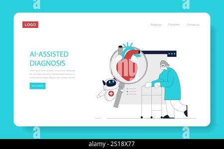 Concetto di automazione sanitaria. Tecnologia DI INTELLIGENZA ARTIFICIALE nella diagnosi medica, che presenta un'interfaccia interattiva per la pagina Web. Robot che assistono in contesti sanitari. Illustrazione vettoriale. Illustrazione Vettoriale