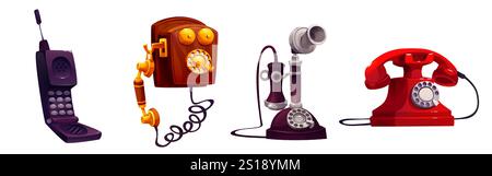 L'evoluzione dei telefoni è stata isolata su sfondo bianco. Illustrazione vettoriale di telefoni d'epoca con quadrante e cavo, cellulare con pulsanti e antenna radio. Progressi nella tecnologia della comunicazione Illustrazione Vettoriale