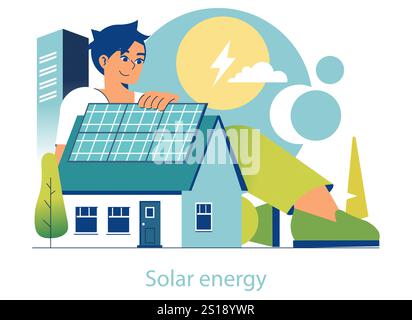 Concetto di energia rinnovabile. Una persona installa pannelli solari su una casa per un'energia sostenibile. Transizione all'energia pulita, soluzioni ecocompatibili. Illustrazione vettoriale. Illustrazione Vettoriale