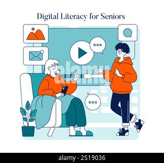 Concetto di alfabetizzazione digitale per anziani. Una donna anziana impara a utilizzare la tecnologia da una persona più giovane tra le icone della comunicazione digitale. Scena dell'educazione tecnologica intergenerazionale. Illustrazione vettoriale. Illustrazione Vettoriale