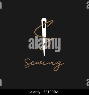 Combinazione astratta Di logo, filetto e ago con linea color oro , modello di disegno con logo piatto, illustrazione vettoriale Illustrazione Vettoriale