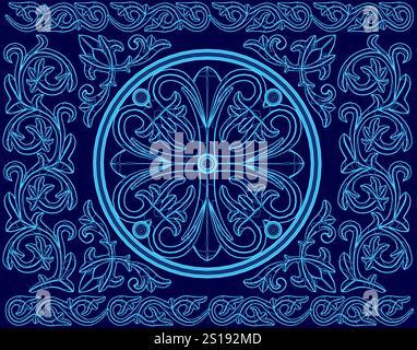 Design blu con un cerchio blu al centro. Il cerchio è circondato da quattro cerchi più piccoli Illustrazione Vettoriale