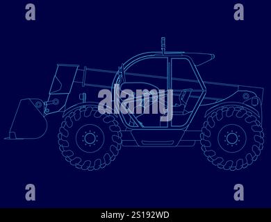 Disegno blu di un trattore con una paletta grande sul retro. Il trattore è mostrato in un disegno blu Illustrazione Vettoriale