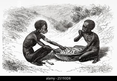 Giovani mendicanti del popolo Kisii. Africa orientale. Disegno di Alphonse de Neuville (1835-1885) viaggio al Lago Alberto, 1861-1864 di Samuel White Baker (1821-1893) le Tour du Monde 1867 Foto Stock