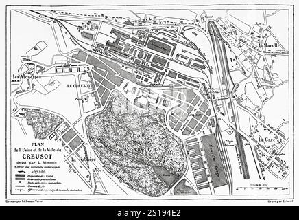 Vecchia mappa della fabbrica e della città di Creusot, Francia. Europa. Le Creusot et les Mines de Saone-et-Loire, 1865 di Louis Laurent Simonin (1830-1886) le Tour du Monde 1867 Foto Stock