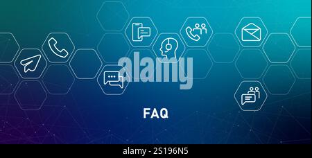 FAQ intestazione Web gradiente Guida alle domande frequenti Guida alla comunicazione risoluzione dei problemi assistenza progettazione delle risposte al supporto telefonico Illustrazione Vettoriale