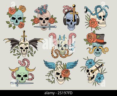 Tatuaggio del cranio. Immagini colorate serie di teschi di disegno inquietanti in diversi punti di vista illustrazione vettoriale recente Illustrazione Vettoriale