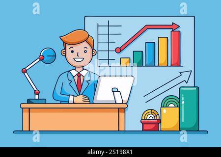 Professionista aziendale sicuro che presenta informazioni basate sui dati con grafici colorati e grafici per il successo finanziario Foto Stock