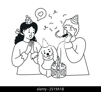 Felice giovane coppia che celebra il compleanno del cane icona lineare. La famiglia di bambini che mostra amore per i personaggi di cuccioli scarabocchiano le illustrazioni a linee sottili Illustrazione Vettoriale