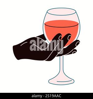 Illustrazione vettoriale di colore piatto del vino con la mano. Persona che si rilassa con alcol bevanda primo piano icona del cartone animato su sfondo bianco Illustrazione Vettoriale