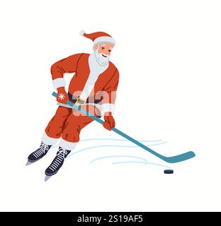 Felice Babbo Natale che gioca hockey su ghiaccio carattere vettoriale piatto. Obiettivo di tiro attivo di Saint Nicolas sulla pista di pattinaggio su ghiaccio su sfondo bianco Illustrazione Vettoriale