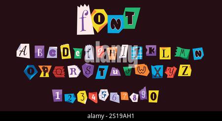 Illustrazione vettoriale dei caratteri di lettere e cifre tagliate fuori dalle pagine della rivista su sfondo nero. Elegante collezione di elementi dal design retrò Illustrazione Vettoriale