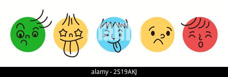 Graziose espressioni emoji fanno da scarabocchio set di icone vettoriali a colori piatti. Simboli visivi delle sensazioni delle chat illustrazioni su sfondo bianco Illustrazione Vettoriale