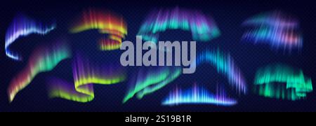 Luci Aurora boreale che rallenta il set di icone di colori realistici. Fenomeno naturale e luminoso degli oggetti 3d del cielo notturno raggruppati su sfondo trasparente Illustrazione Vettoriale