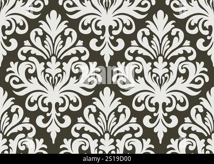 Classico motivo damascico bianco e nero con motivi floreali intricati. Motivo Damasco senza cuciture. Illustrazione Vettoriale