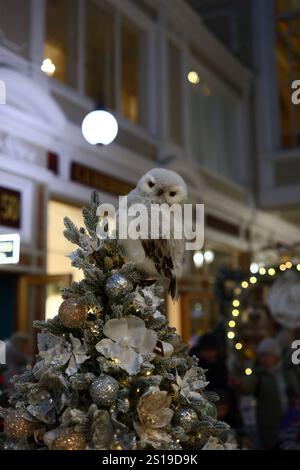 Decorazioni natalizie caratterizzate da un gufo adorabile che incarna lo spirito festivo allegro e gioioso Foto Stock