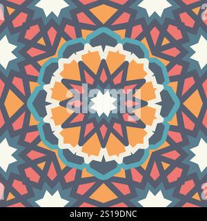Un audace design geometrico islamico che si concentra su un motivo stellare centrale circondato da intricati dettagli poligonali in tonalità calde. Motivo senza cuciture. Illustrazione Vettoriale