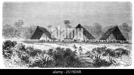 Yine Village of Communal Huts o rifugi gli Yine sono un popolo indigeno del Perù che vive lungo il fiume Urubamba nelle regioni di Cusco, Loreta e Ucayali. Sono anche conosciuti come Chontaquiro, Contaquiro, Pira, Piro, Pirro, Simiranch o Simirinche. Illustrazione o incisione vintage o storica 1864 Foto Stock