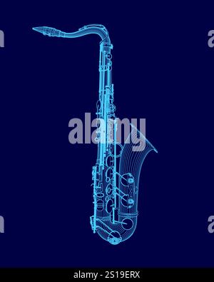 Immagine blu di un sassofono. L'immagine è in uno schema di colore blu Illustrazione Vettoriale