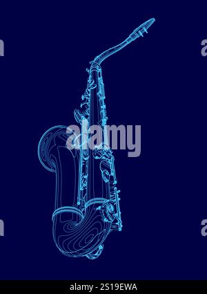 Disegno blu di un sassofono. Il sassofono viene visualizzato in modo stilizzato, con uno sfondo blu e linee. La scena è calma e serena, come lo è il sassofono Illustrazione Vettoriale