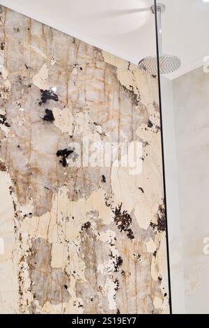 Scoprite la bellezza di un'elegante parete in marmo per doccia dal design moderno Foto Stock